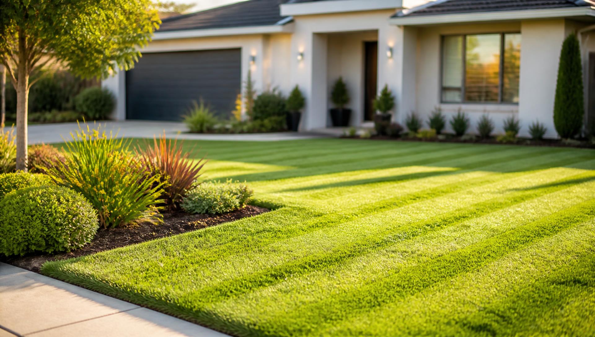 Freshly mowed striped lawn with clean edging and mulched beds in front of a modern home